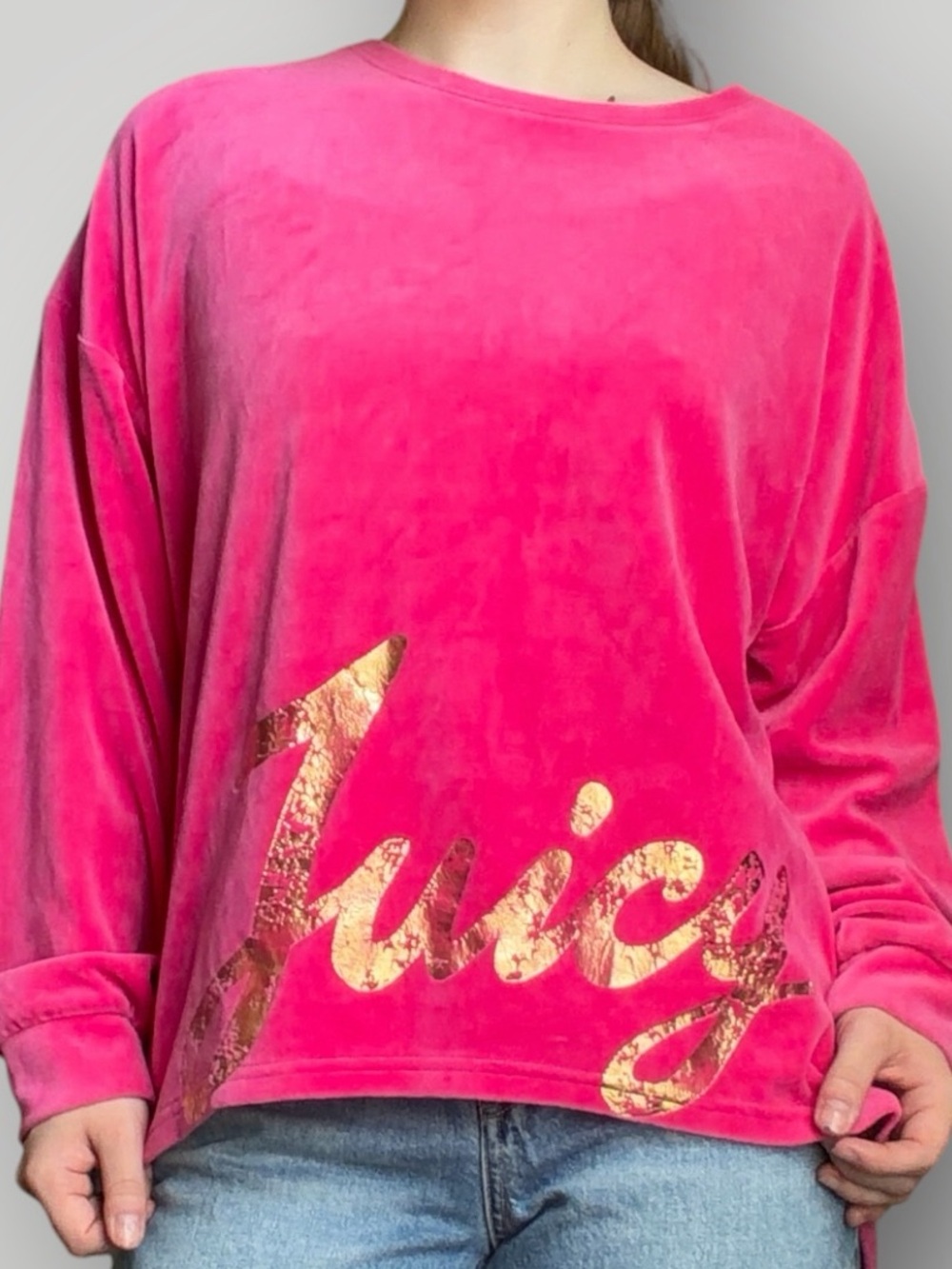 Juicy Couture Bright Pink Velour Logo Sweatshirt with Gold Script